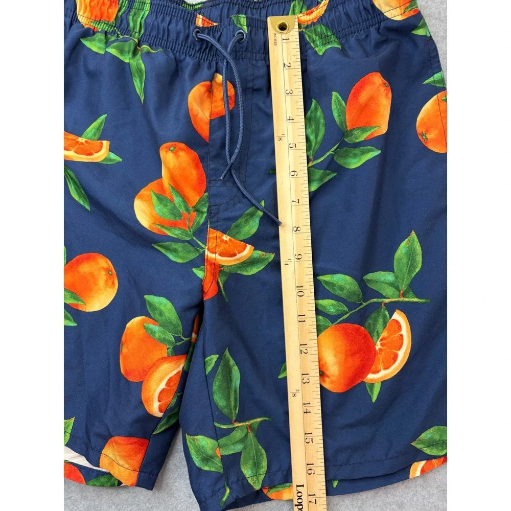 Old Navy Mens Orange Fruit Print Swim Trunks Navy Blue Mesh Lined‎ Size Small